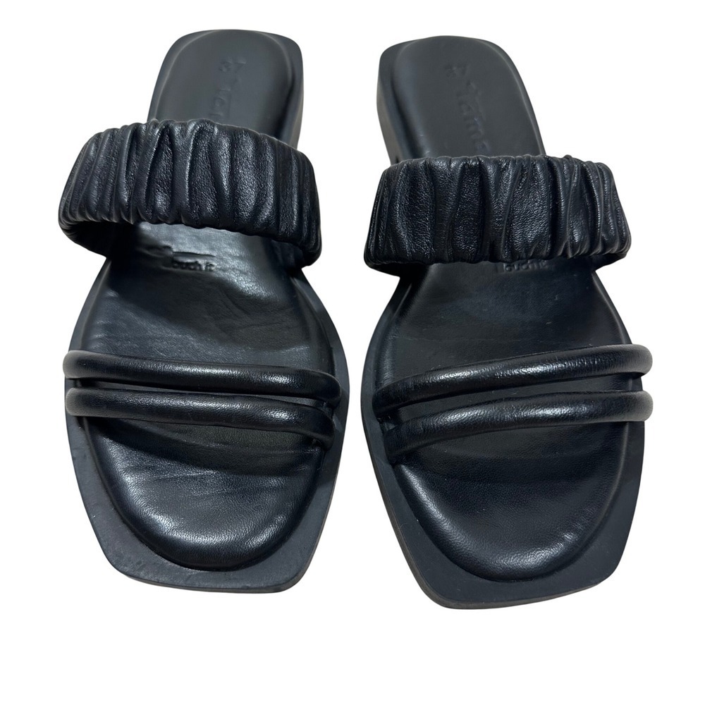 Tamaris Black Leather Ruched Square‎ Toe Slide Sandals EU 37 Flat Strappy Shoes